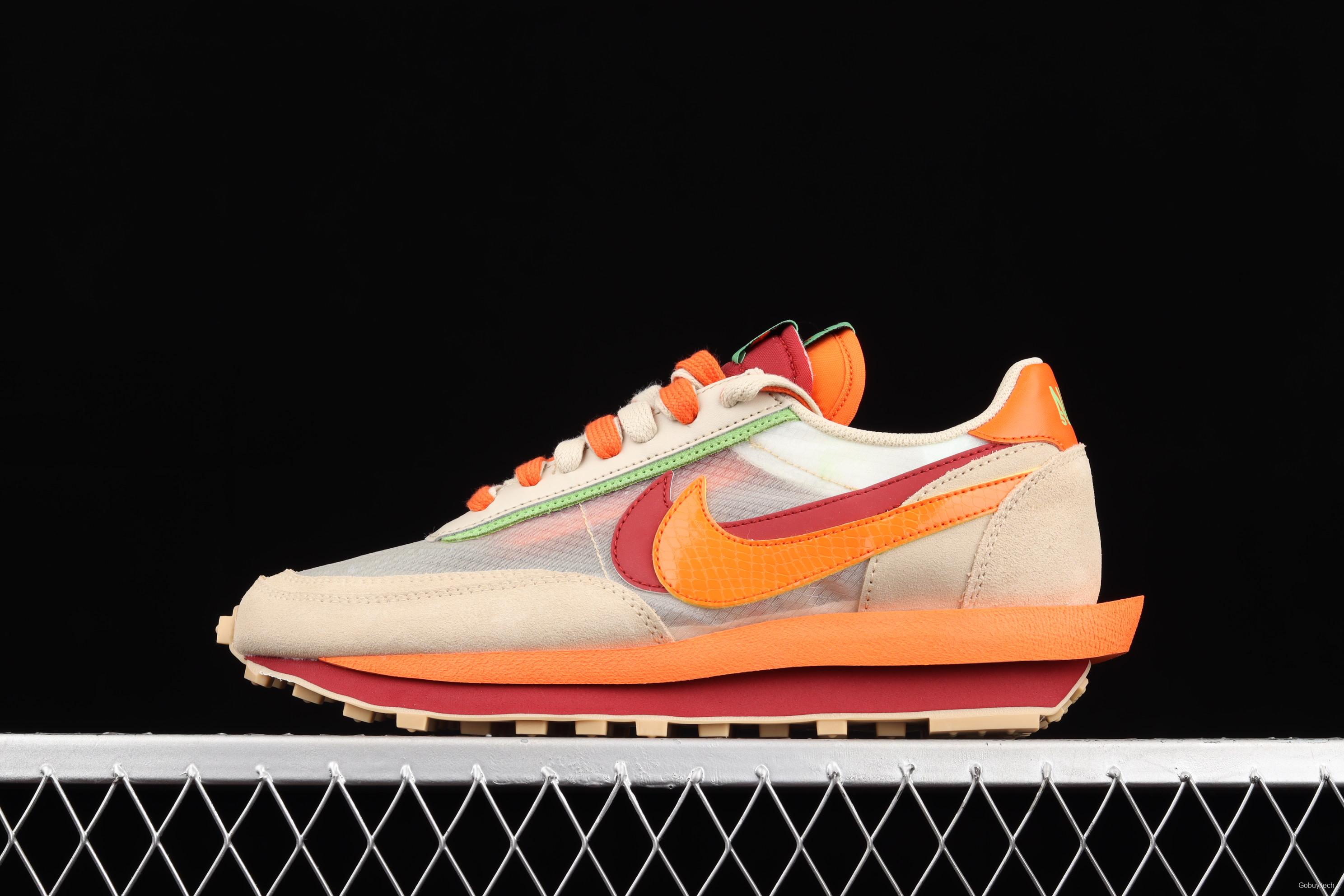 CLOT x Sacai x NIKE LDWaffle Net Orange Blaze joint overlapping design avant-garde waffle deformation rice orange color match casual jogging shoes DH1347-100