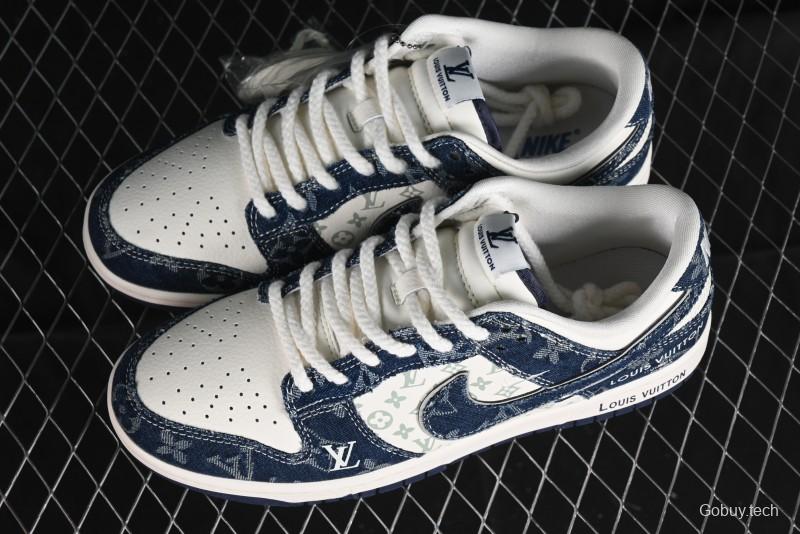 Nike SB Dunk Low LV Collaboration - Blue Denim Print Anniversary High-End Custom Low-Top Casual Skate Shoes - SJ2068-257