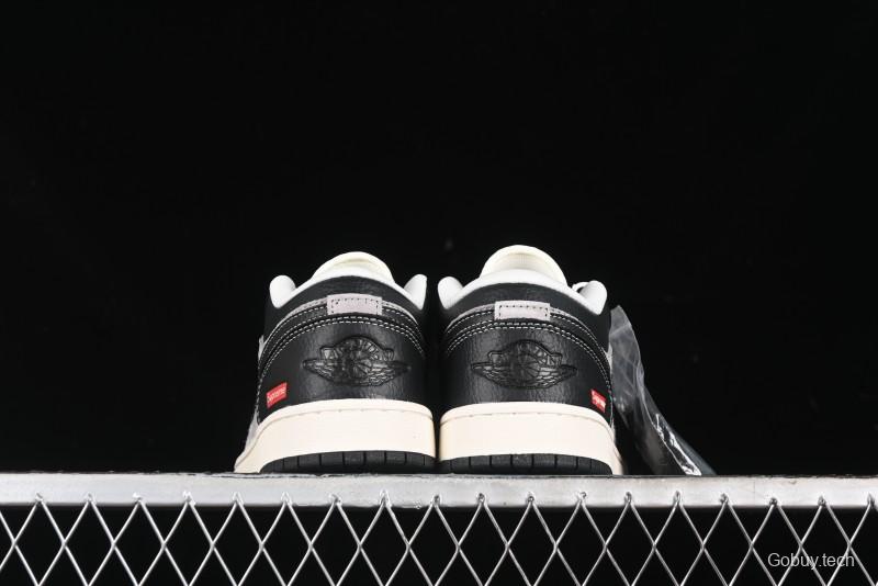 Nike Air Jordan 1 Low Supreme Collaboration - Black Grey Pigskin Two-Tone High-End Custom Retro Basketball Shoes - SJ9950-032