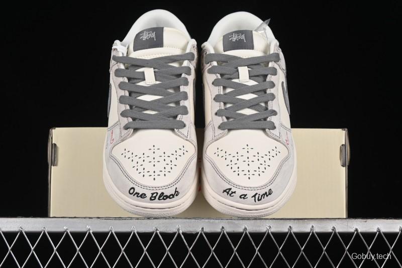 Nike SB Dunk Low Stussy Collaboration - Embroidered Grey Swoosh Anniversary Custom Low-Top Casual Sneakers - MM1089-033