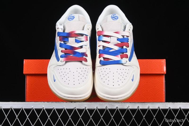 Nike Travis Scott x Fragment Design x Air Jordan 1 Low OG SP AJ1 Snake Year Limited Blue Swoosh Gum Sole Low-top Casual Sneakers - XS3086-011