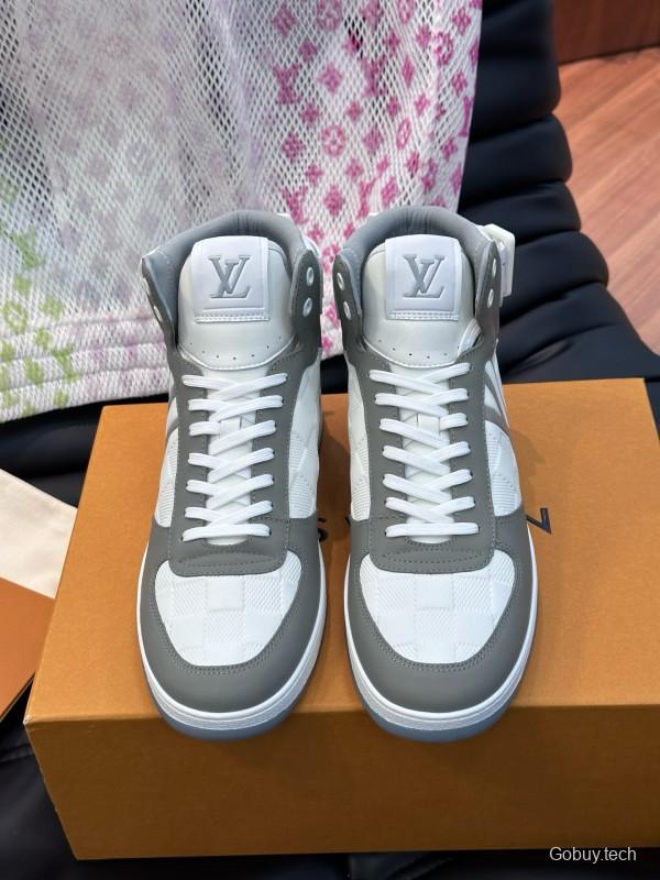 2024 Men Louis Vuitton White Grey Leather Canvas High Top Classic Sneakers MJ00420