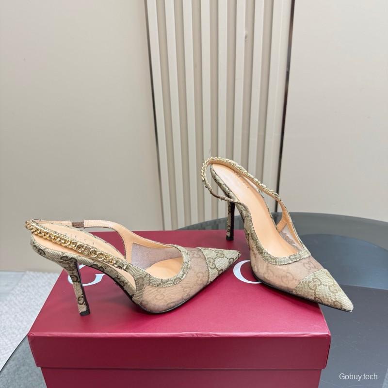 2025 Women Gucci Beige Mesh Fabric High Heel Pumps With Gold Chain Detailing KFY00300(F)