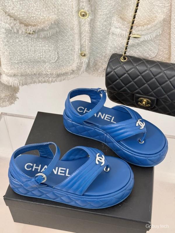 2025 Women Chanel Blue Leather Platform Sandals