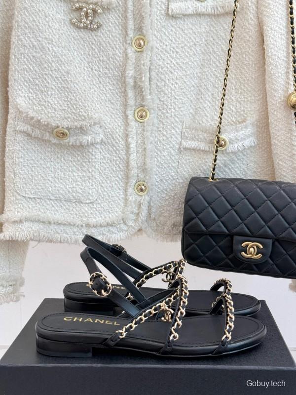 2025 Women Chanel Black Leather Slingback Sandals Chain KFY00270