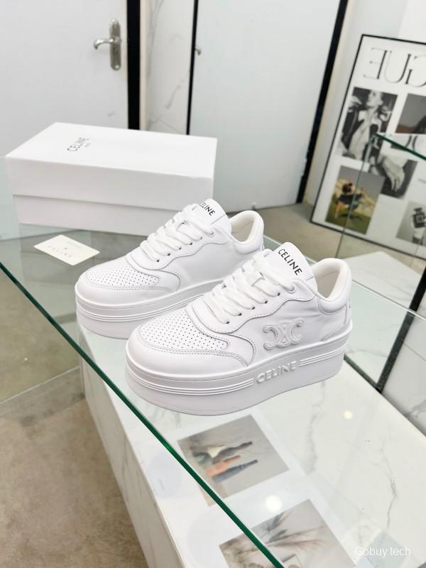 2025 Women Celine White Leather Platform Sneakers Embossed KFY00270