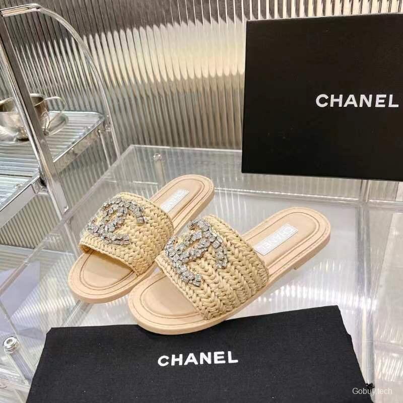 2025 Women Chanel Beige Raffia Crystal Slippers LY00270