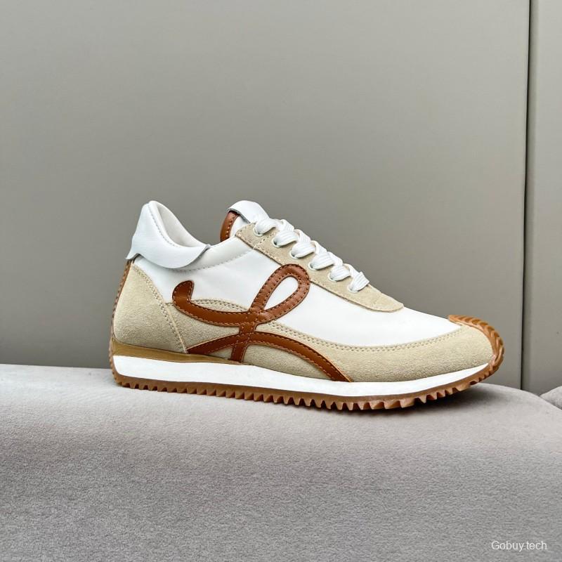 2025 Unisex Loewe White Beige Brown Leather Fabric Sneakers LY00270