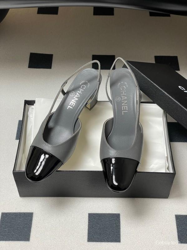 2025 Women Chanel Grey Black Leather Sling-back Heel