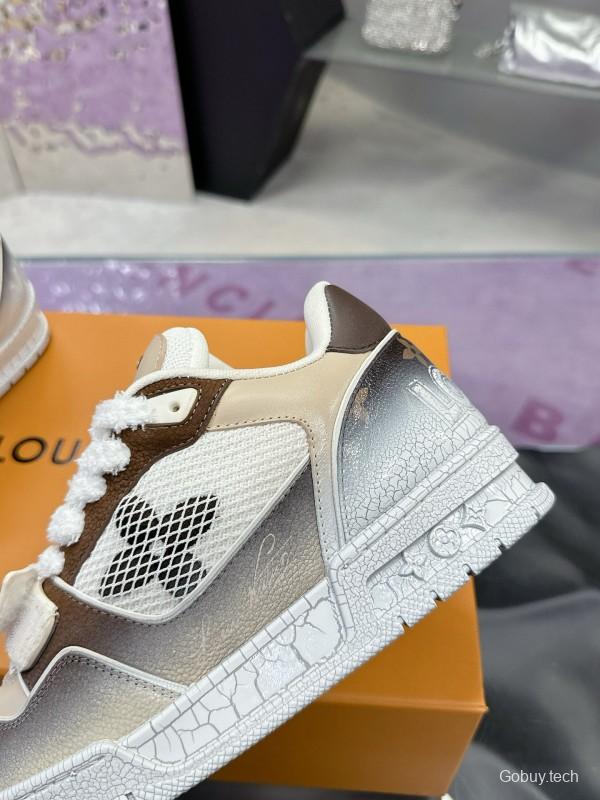 2024 Unisex Louis Vuitton White Brown Leather Mesh Plimsolls Waxed Vintage MJ00500