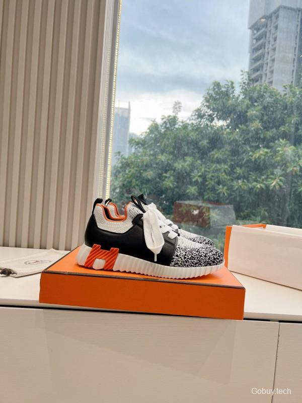 2024 Unisex Hermès Black White Orange Calfskin Suede Sneakers Bouncing MJ00290(F/W)