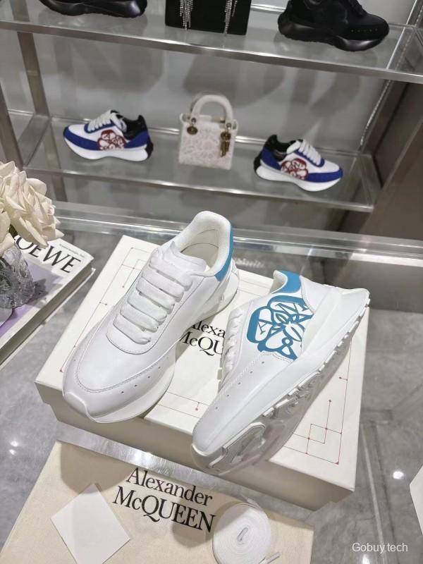 2025 Women Alexander McQueen White Blue Leather Sneakers LY00340