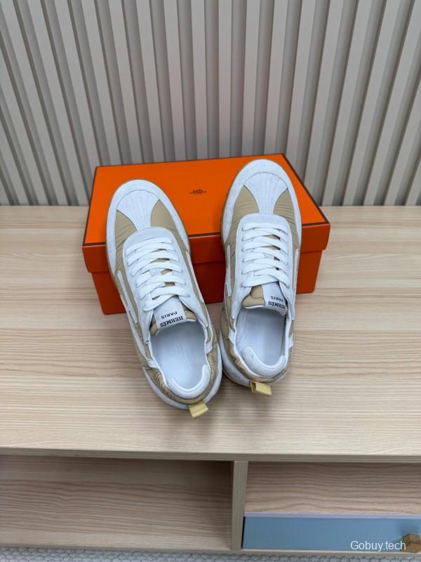 2025 Unisex Hermès White Beige Suede Goat Leather Sneakers Top Version LY00310