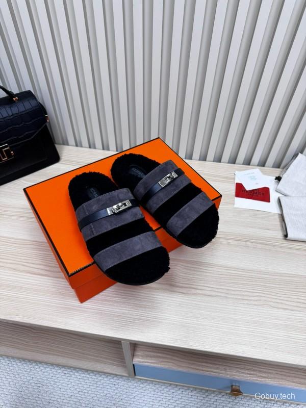 2024 Slippers Hermès Black Grey Shearling Slippers MJ00300