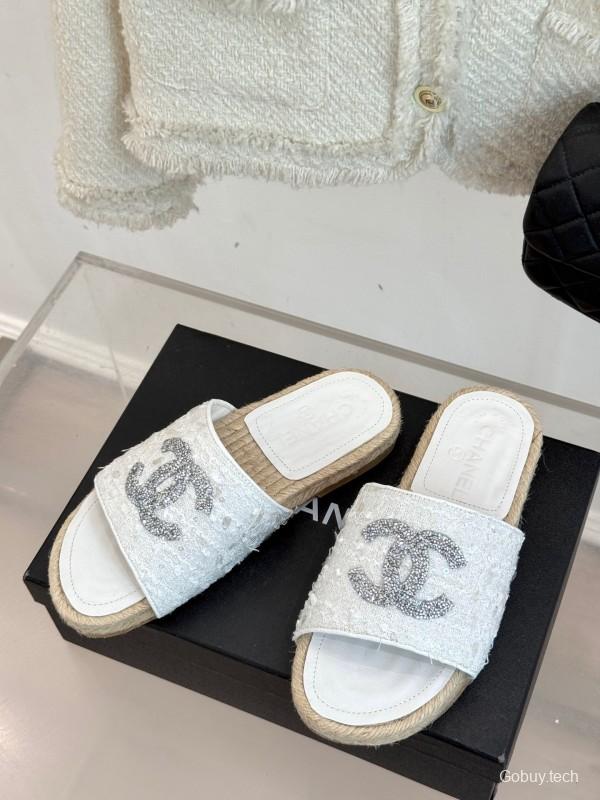 2025/Women Chanel White Lace Espadrille Slide Sandals Handwoven Jute Sole KFY00240(F)