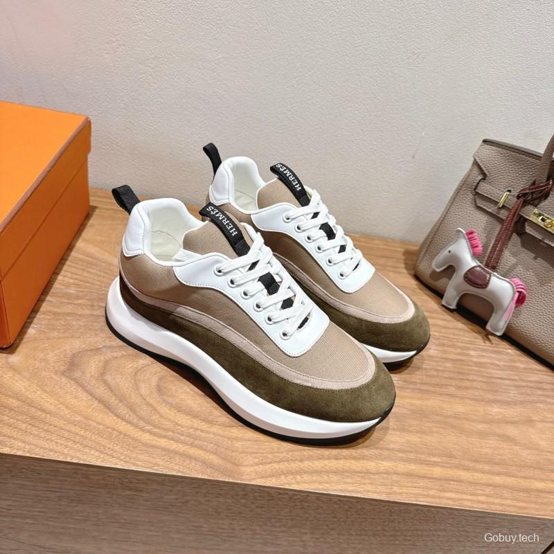 2025 Unisex HERMES White Beige Khaki Fabric Leather Sneakers AS00400